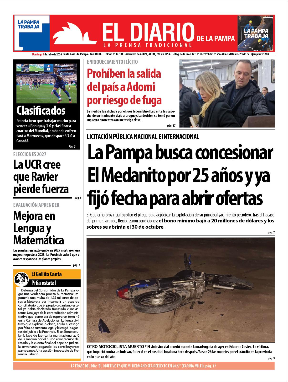 Tapa de El Diario en papel  domingo 05 de julio de 2026